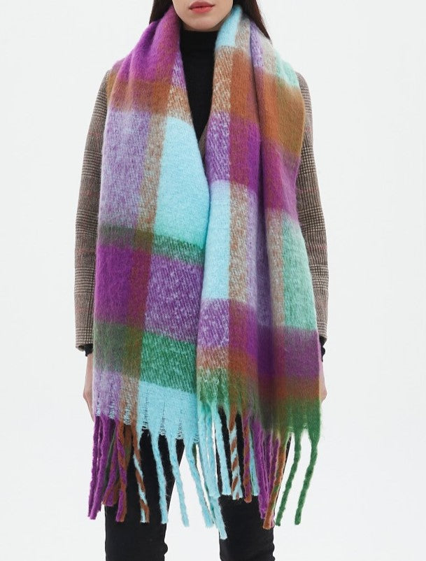 Bold Check Fringed Blanket Wrap Scarf