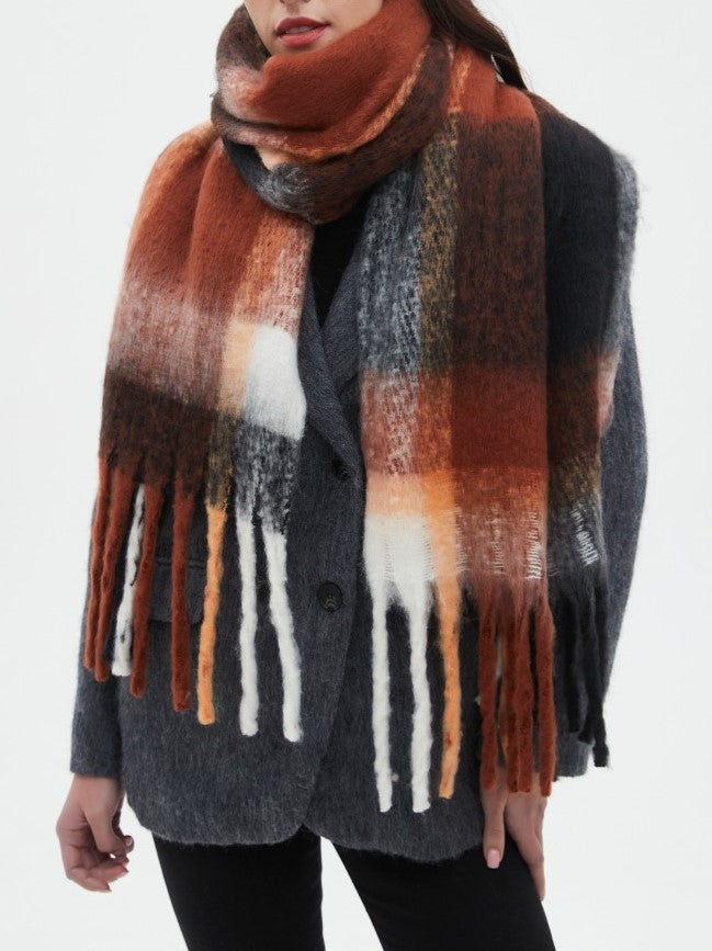 Bold Check Fringed Blanket Wrap Scarf
