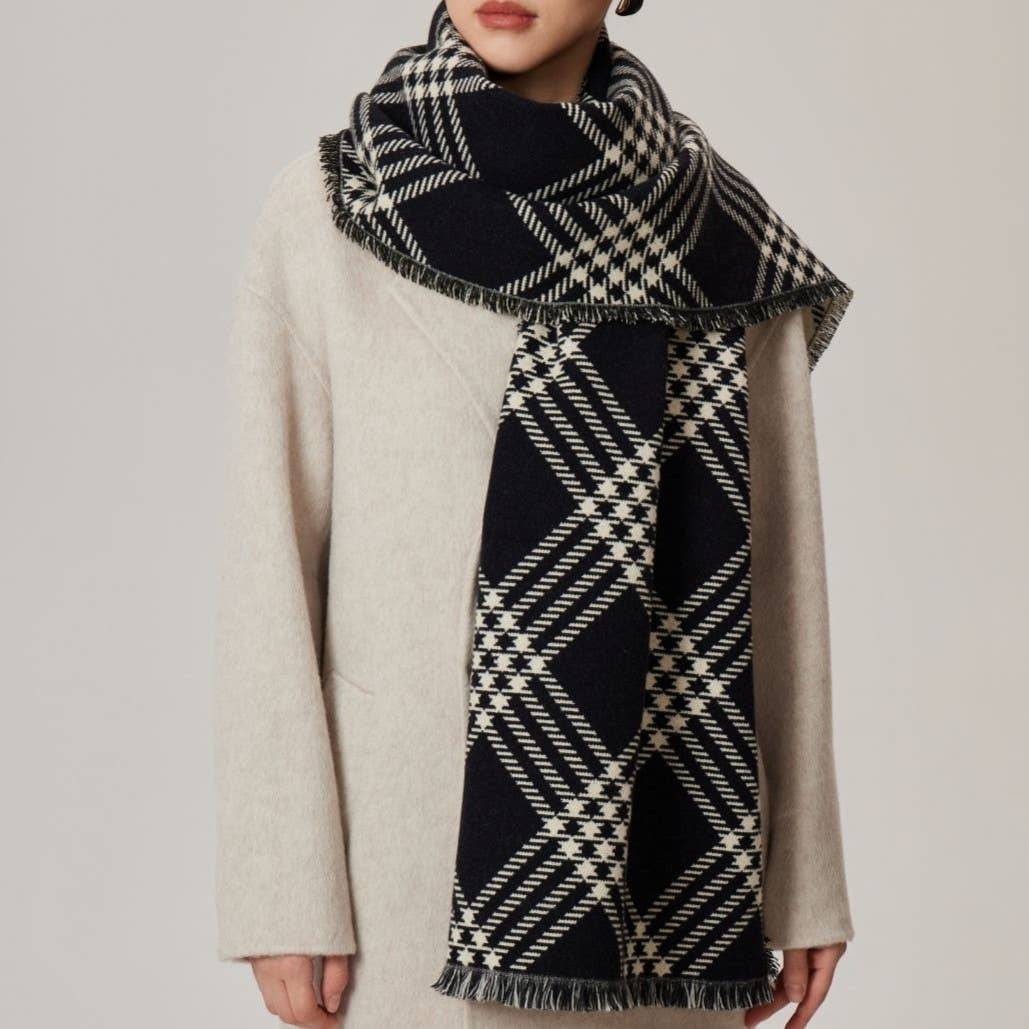 Oversized Check Blanket Scarf With Fringe