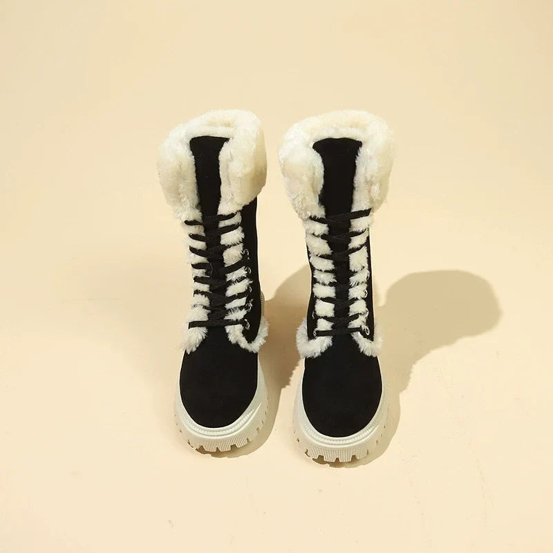 Bootara Winter New Women's Velvet Mid-Tube Cotton Boots with Thickened Lining and Height-Enhancing Design
