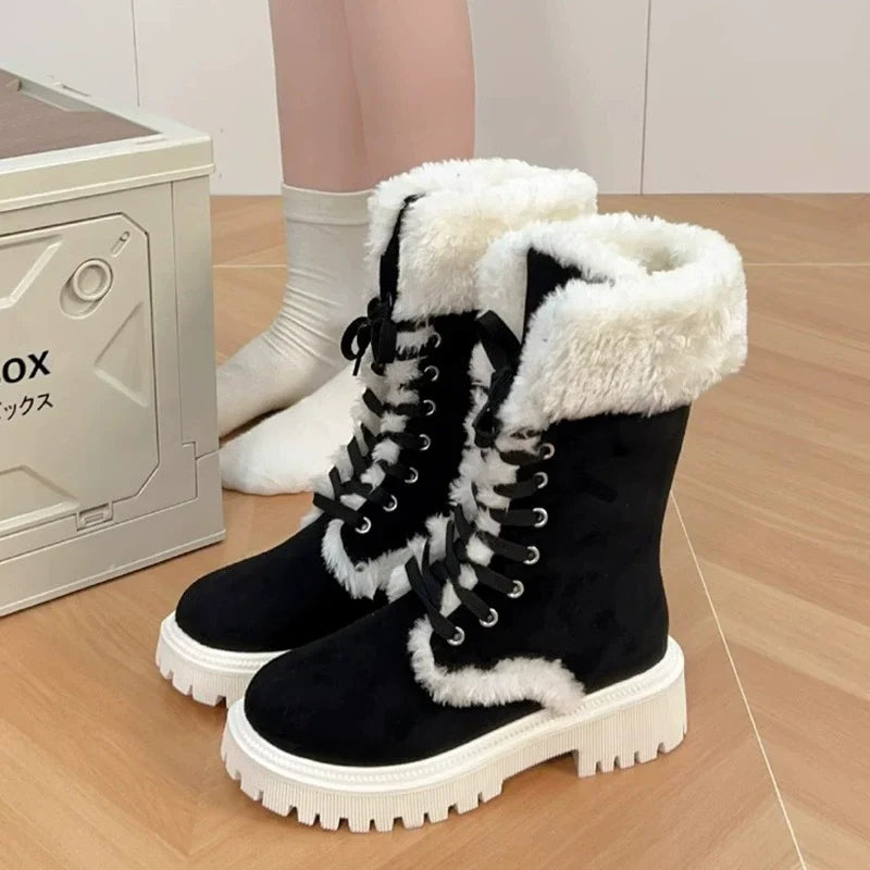 Bootara Winter New Women's Velvet Mid-Tube Cotton Boots with Thickened Lining and Height-Enhancing Design