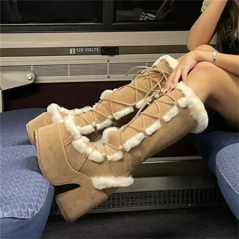 Women's mid-calf lace-up wedge boots with faux-fur trim