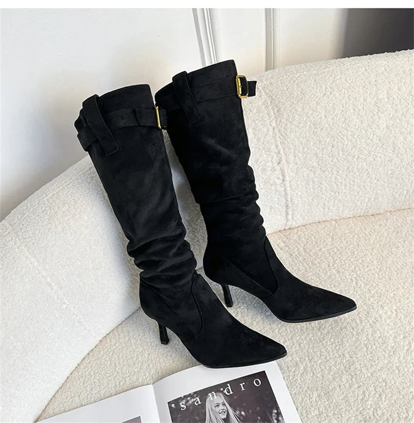 Women's slouchy knee-high boots with pointed toe and buckle