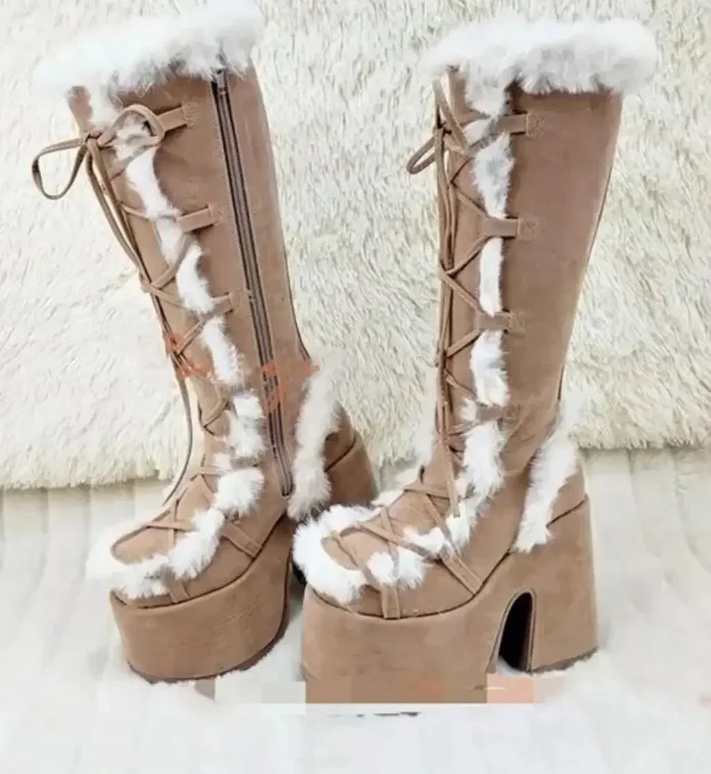 Women's mid-calf lace-up wedge boots with faux-fur trim