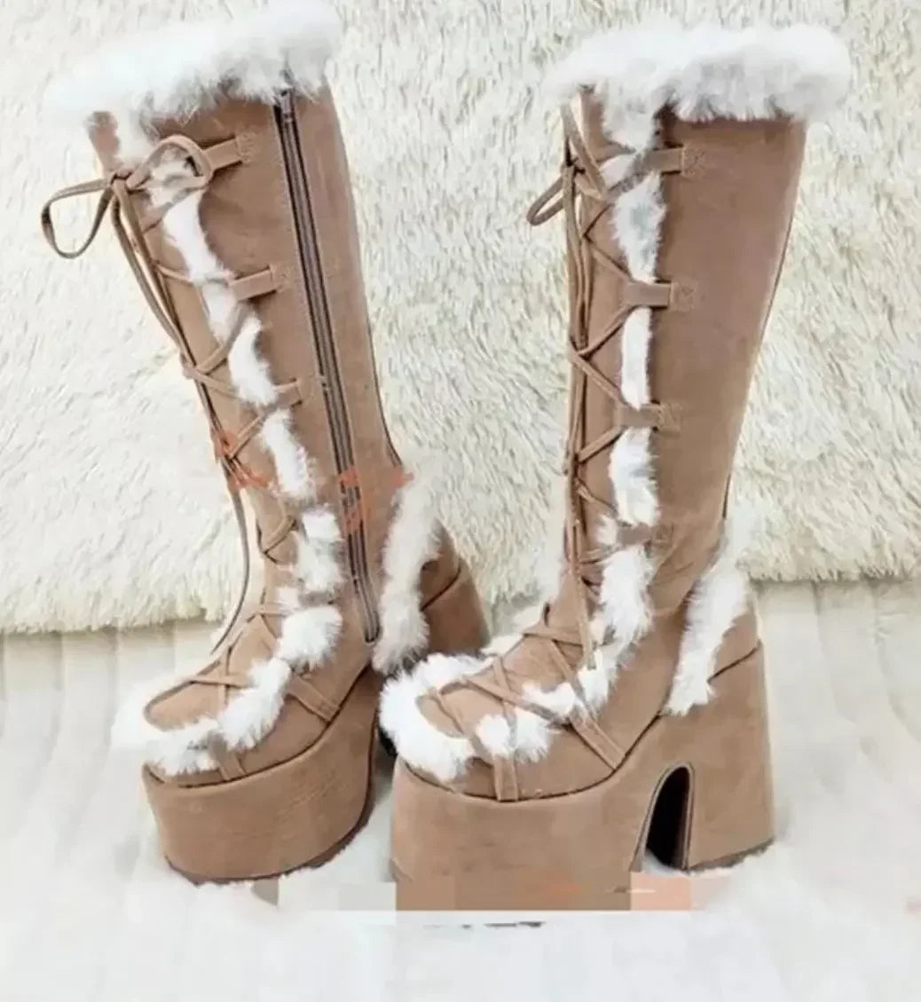 Women's mid-calf lace-up wedge boots with faux-fur trim