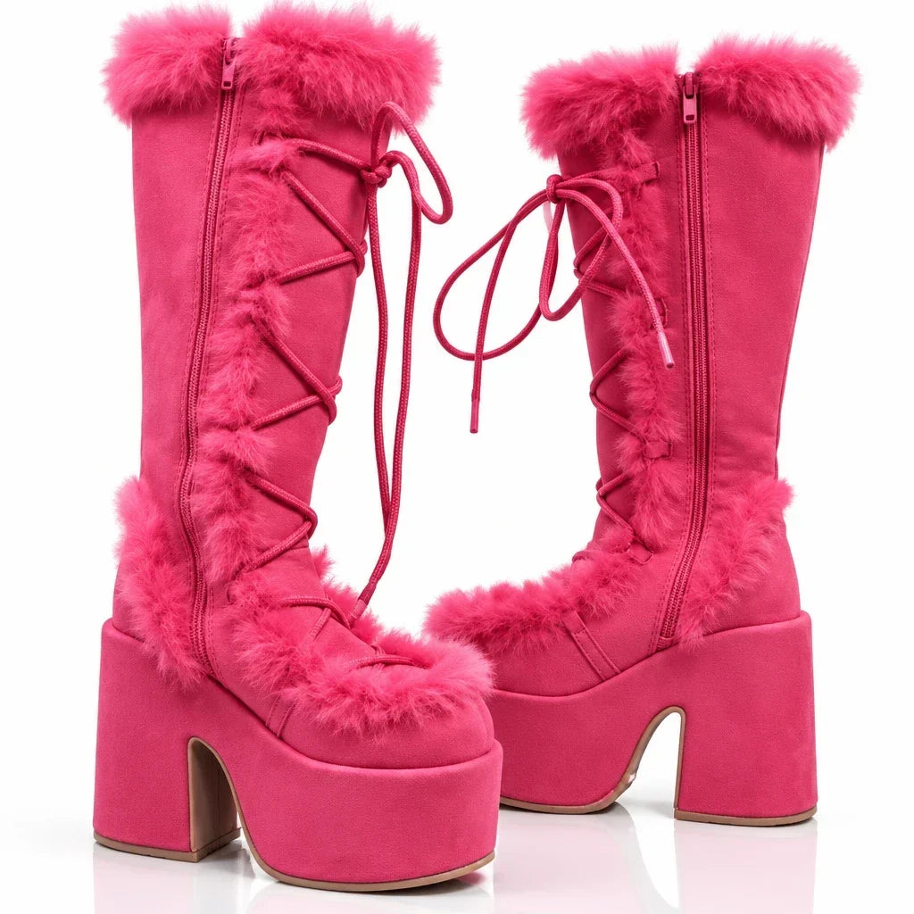 Women's mid-calf lace-up wedge boots with faux-fur trim