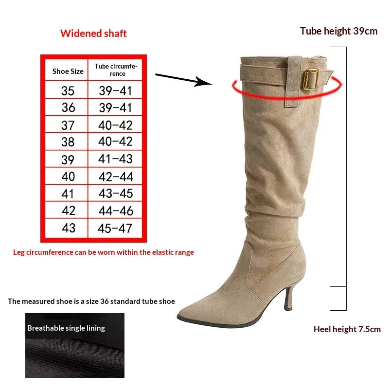 Women's slouchy knee-high boots with pointed toe and buckle