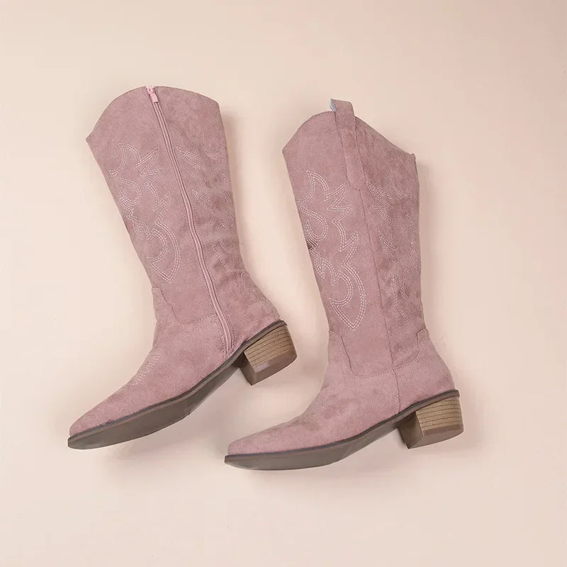 Embroidered Knee-High Western Boots