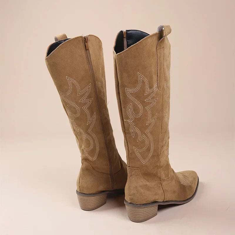 Embroidered Knee-High Western Boots