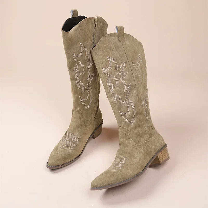 Embroidered Knee-High Western Boots