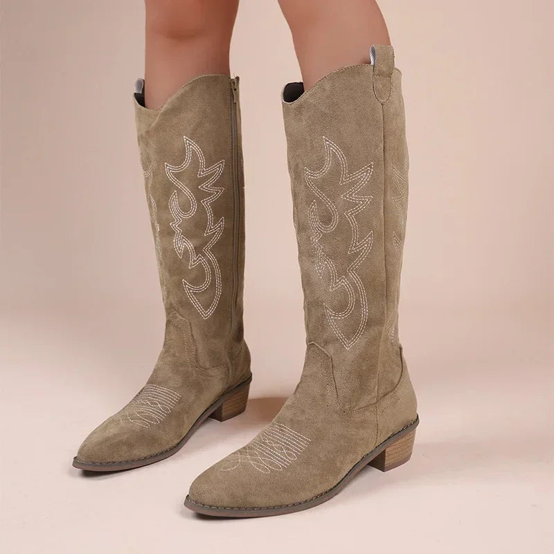 Embroidered Knee-High Western Boots