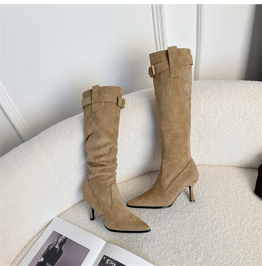 Women's slouchy knee-high boots with pointed toe and buckle