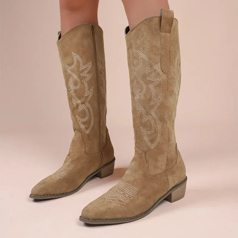 Embroidered Knee-High Western Boots