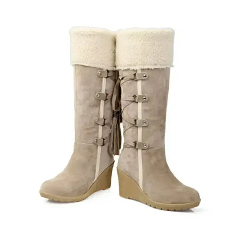Women's knee-high wedge boots with plush cuffs and tassels