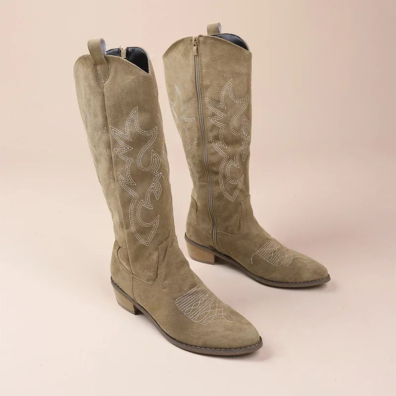 Embroidered Knee-High Western Boots