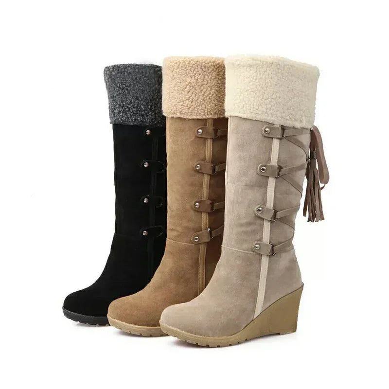 Women's knee-high wedge boots with plush cuffs and tassels