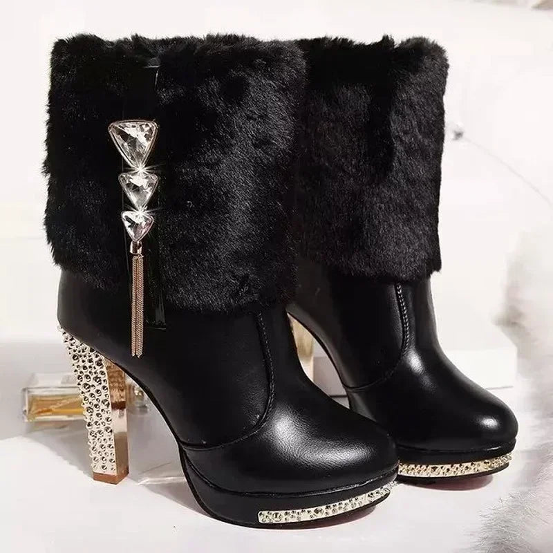 Women's platform ankle boots with faux-fur cuffs and jeweled heels