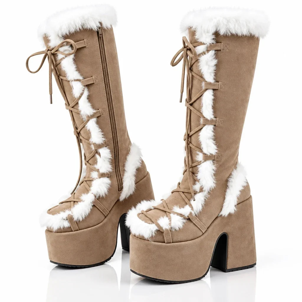 Women's mid-calf lace-up wedge boots with faux-fur trim