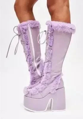 Women's mid-calf lace-up wedge boots with faux-fur trim