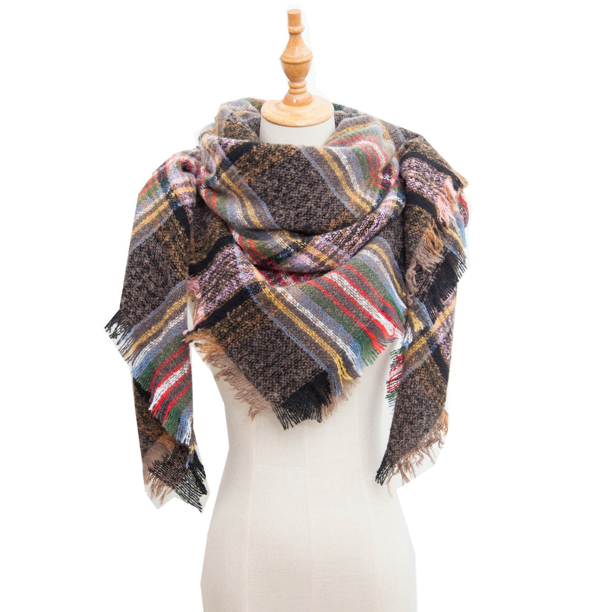 Checked Triangle Blanket Scarf With Frayed Trim