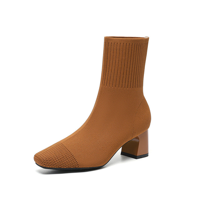 Women's stretch knit mid-calf sock boots with chunky heel